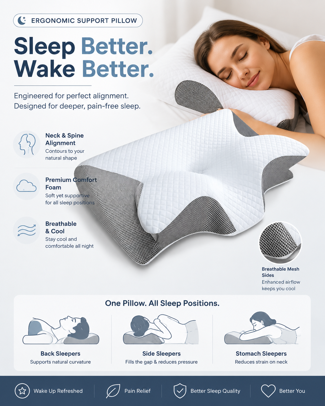 VelourPillows- Ergonomic Cervical Neck Pillow for Sleep Support White