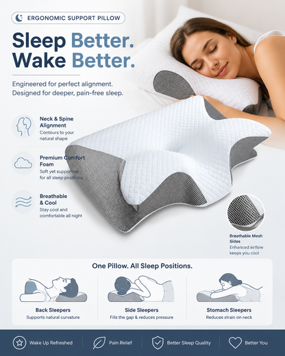 VelourPillows- Ergonomic Cervical Neck Pillow for Sleep Support White